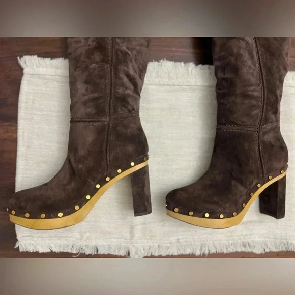Veronica Beard Glendale Suede Clog Knee Boots Size 10 Expresso Designer Boho New - Picture 12 of 16